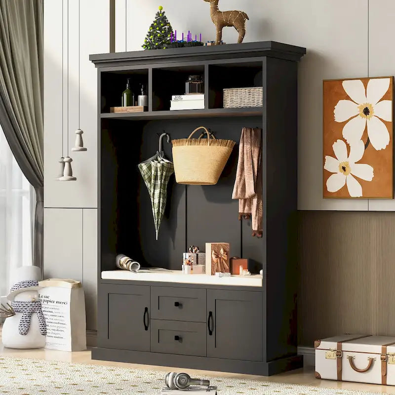 3-in-1 Design Hall Tree with 3 Hooks and Storage Bench - 47.24W x 70.9H x 15.74D