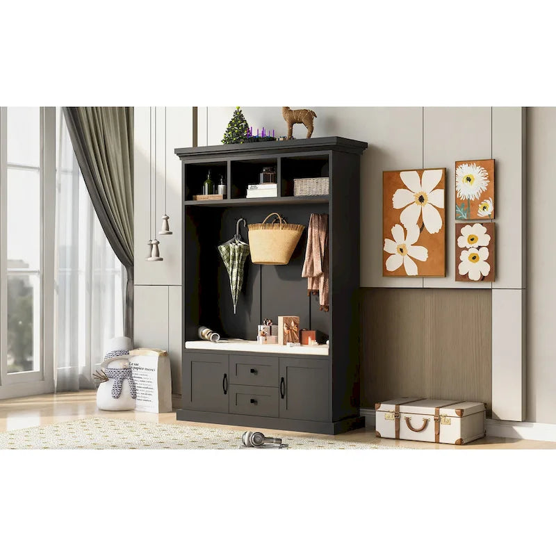 3-in-1 Design Hall Tree with 3 Hooks and Storage Bench - 47.24W x 70.9H x 15.74D