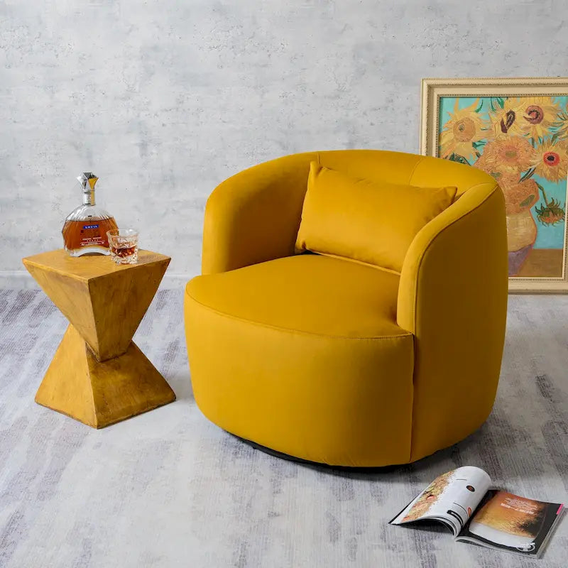 KINWELL 34 Wide Velvet Upholstered Swivel Accent Chair with Toss Pillow