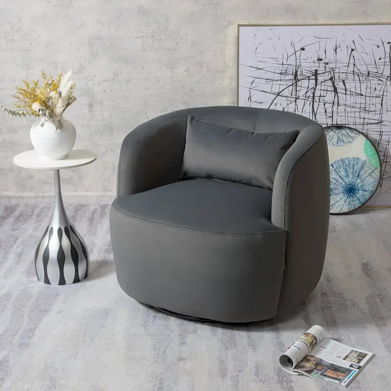 KINWELL 34 Wide Velvet Upholstered Swivel Accent Chair with Toss Pillow