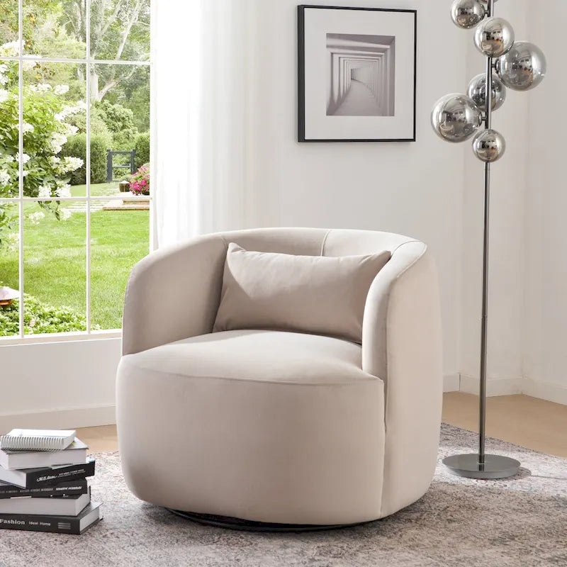KINWELL 34 Wide Velvet Upholstered Swivel Accent Chair with Toss Pillow