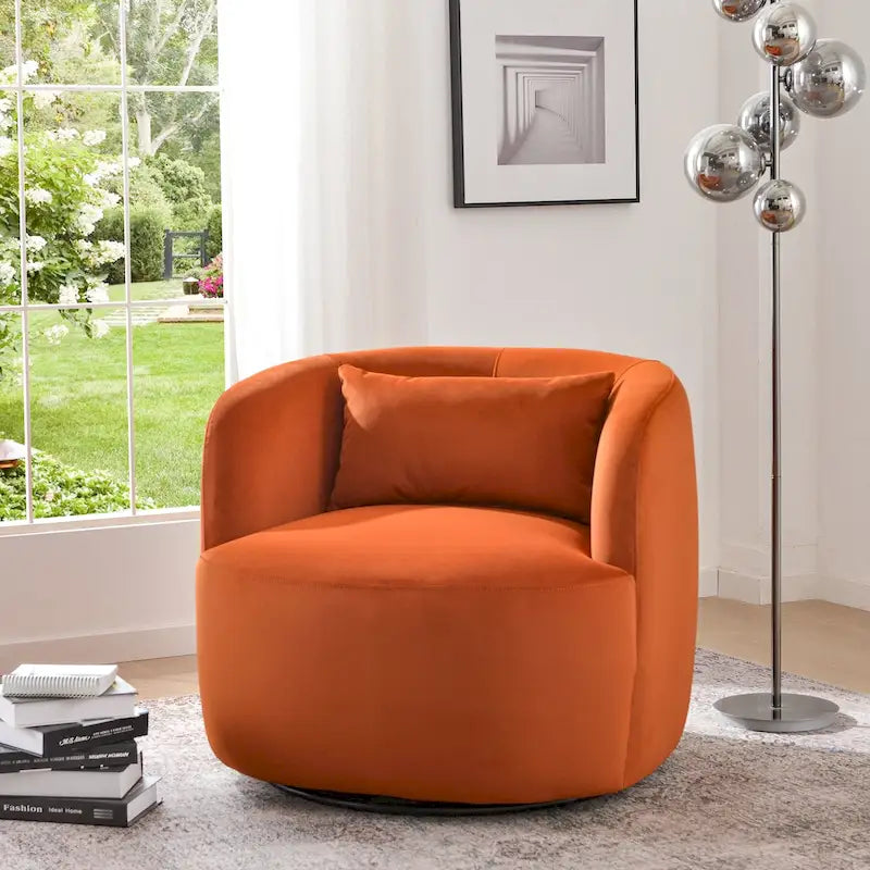KINWELL 34 Wide Velvet Upholstered Swivel Accent Chair with Toss Pillow