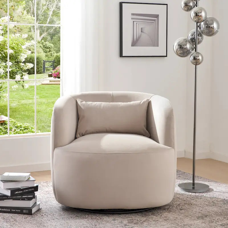 KINWELL 34 Wide Velvet Upholstered Swivel Accent Chair with Toss Pillow