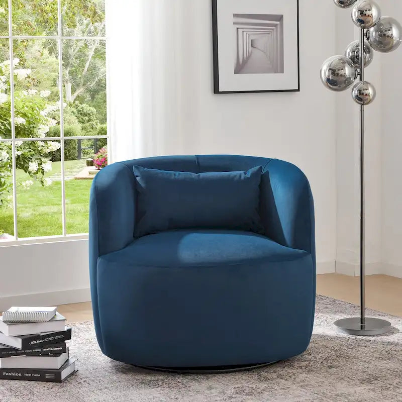 KINWELL 34 Wide Velvet Upholstered Swivel Accent Chair with Toss Pillow