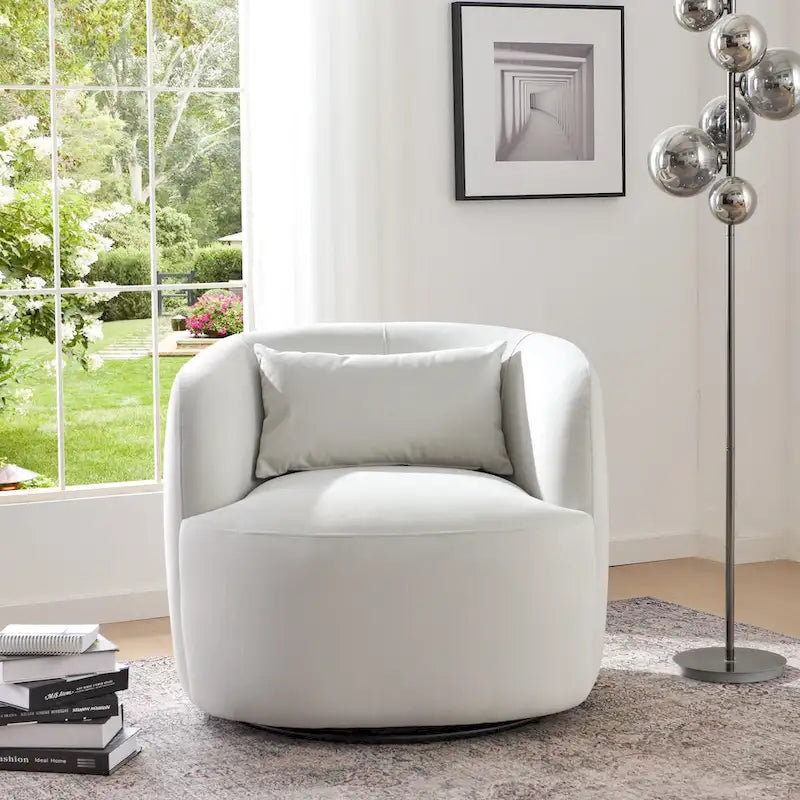 KINWELL 34 Wide Velvet Upholstered Swivel Accent Chair with Toss Pillow