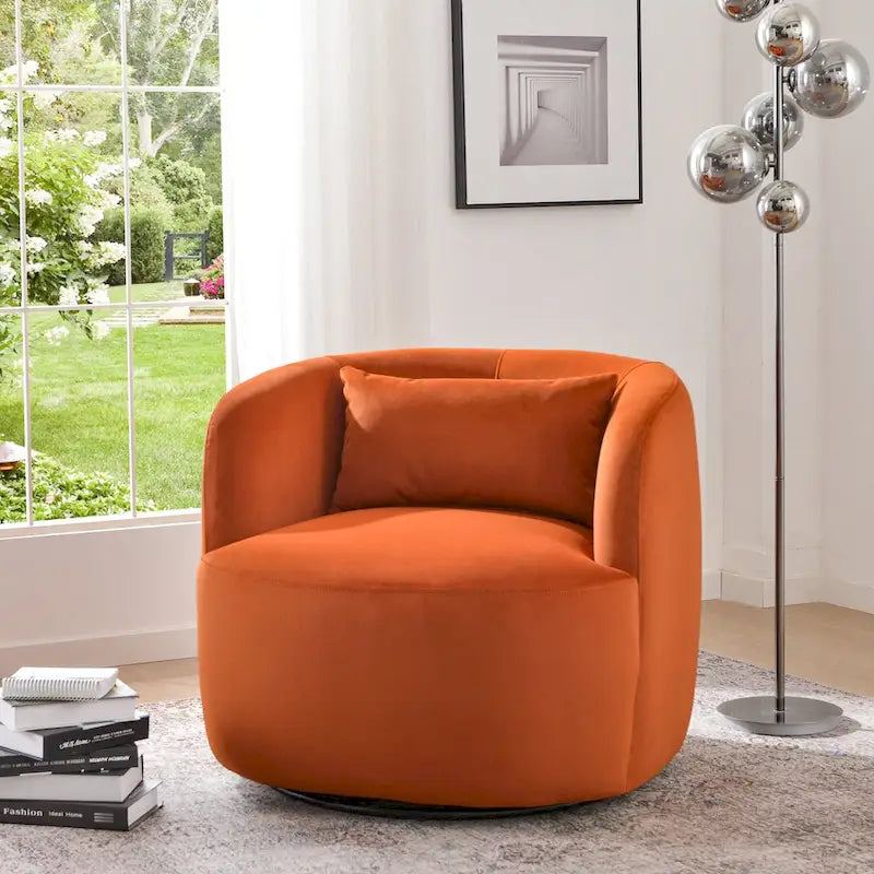 KINWELL 34 Wide Velvet Upholstered Swivel Accent Chair with Toss Pillow
