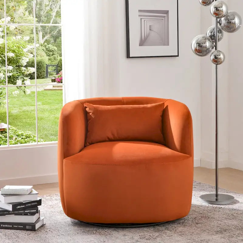 KINWELL 34 Wide Velvet Upholstered Swivel Accent Chair with Toss Pillow