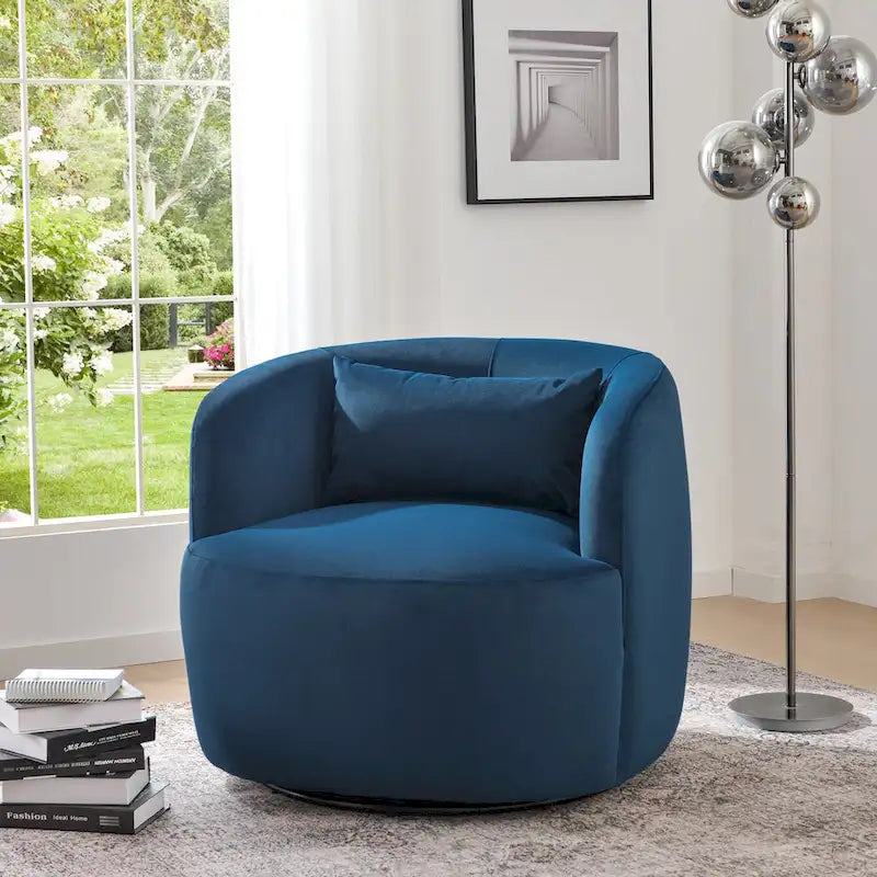 KINWELL 34 Wide Velvet Upholstered Swivel Accent Chair with Toss Pillow