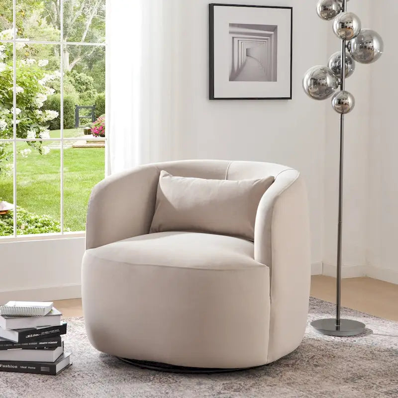 KINWELL 34 Wide Velvet Upholstered Swivel Accent Chair with Toss Pillow