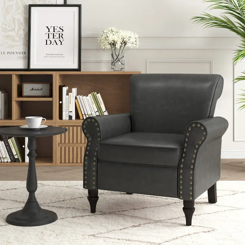 Rolled Armrests PU Accent Chair with Nailhead Trim