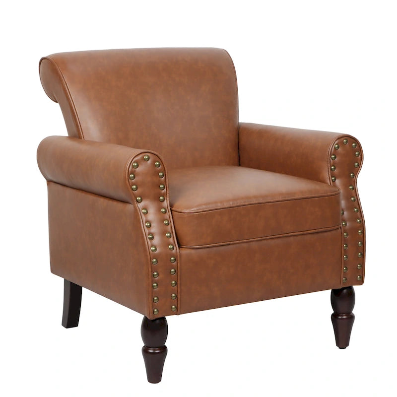 Rolled Armrests PU Accent Chair with Nailhead Trim