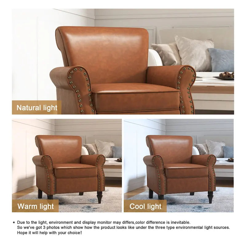 Rolled Armrests PU Accent Chair with Nailhead Trim