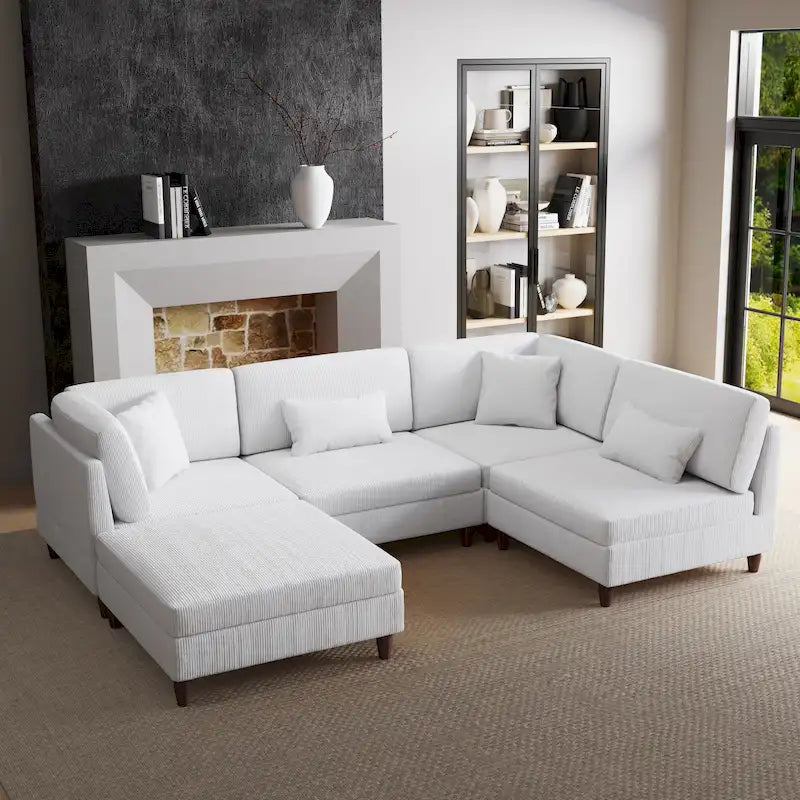 Corduroy Modular Sectional Sofa Set With Ottoman