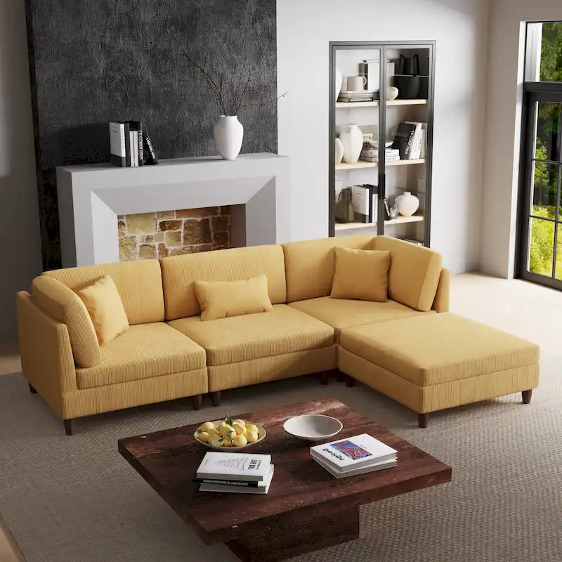 Corduroy Modular Sectional Sofa Set With Ottoman