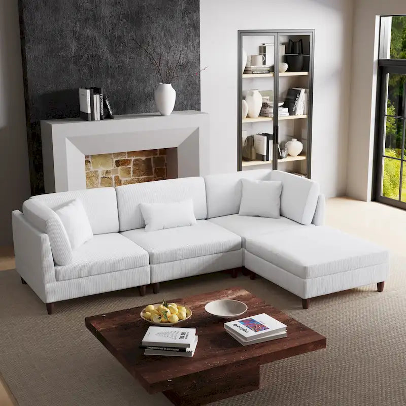 Corduroy Modular Sectional Sofa Set With Ottoman