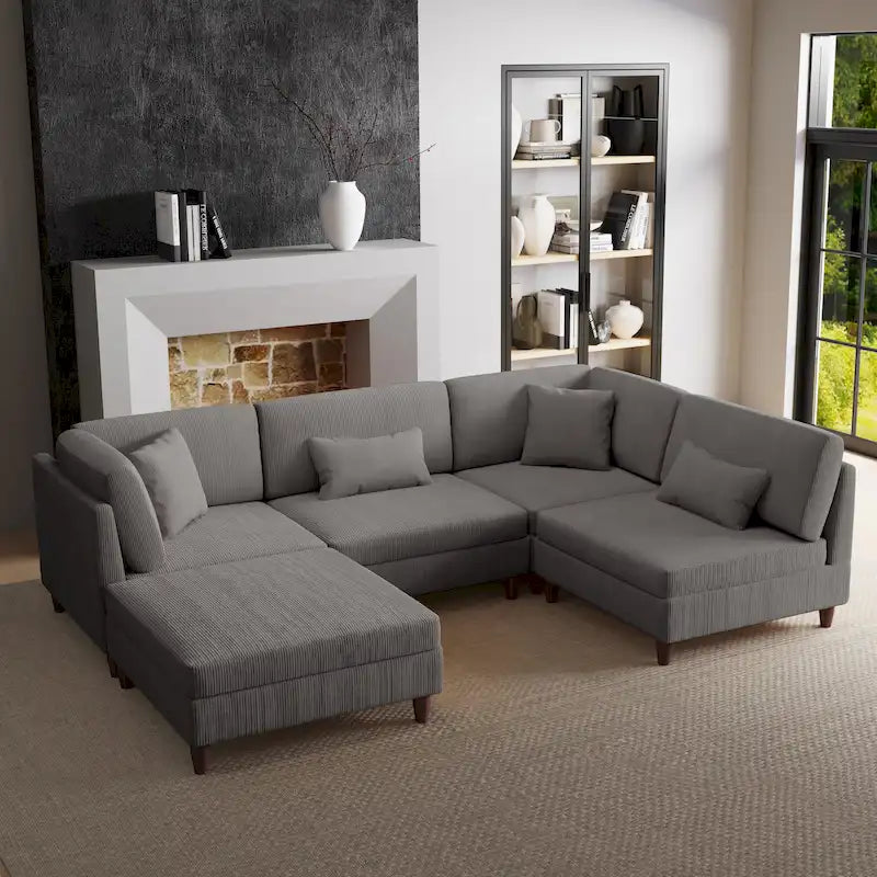 Corduroy Modular Sectional Sofa Set With Ottoman