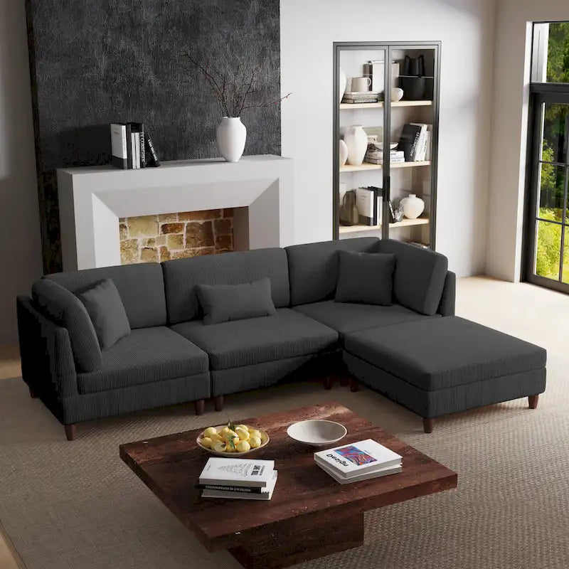 Corduroy Modular Sectional Sofa Set With Ottoman