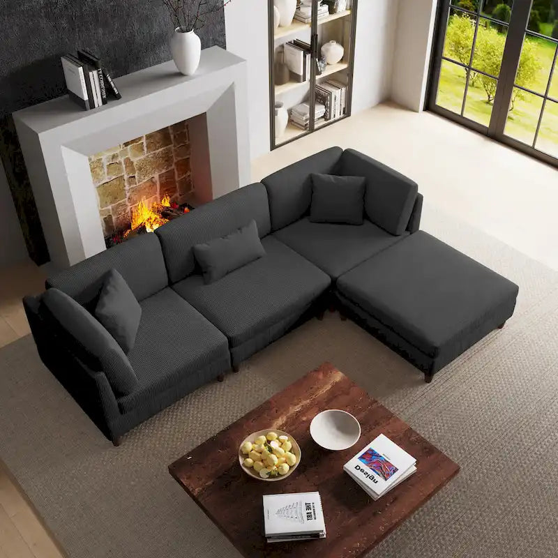 Corduroy Modular Sectional Sofa Set With Ottoman