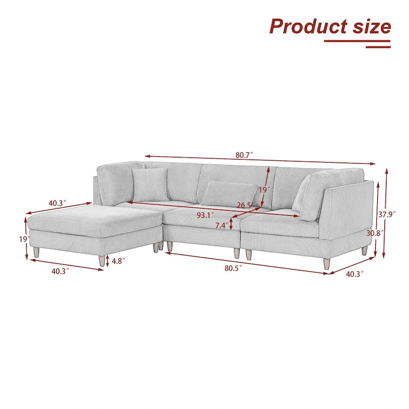 Corduroy Modular Sectional Sofa Set With Ottoman