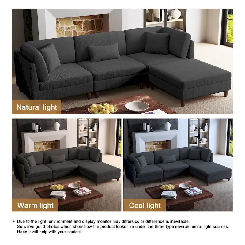 Corduroy Modular Sectional Sofa Set With Ottoman