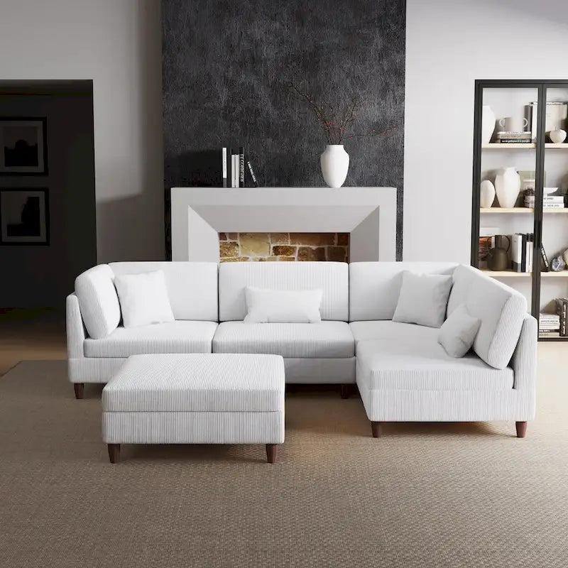 Corduroy Modular Sectional Sofa Set With Ottoman