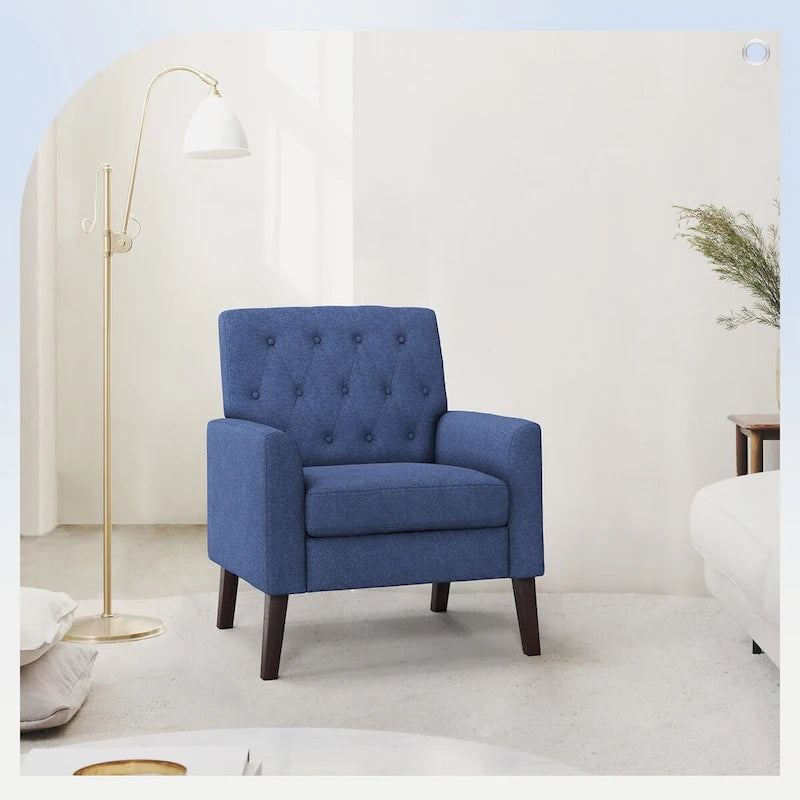 LUE BONA Linen and Walnut Legs Mid Century Modern Button Tufted Accent Chair - 29.53 H X 30 W X 33.07 D