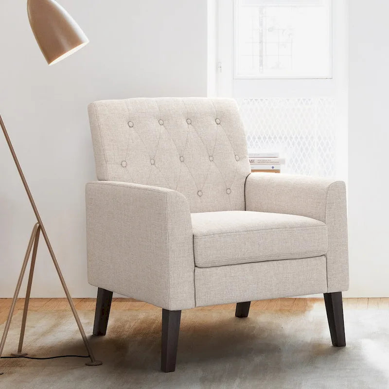 LUE BONA Linen and Walnut Legs Mid Century Modern Button Tufted Accent Chair - 29.53 H X 30 W X 33.07 D