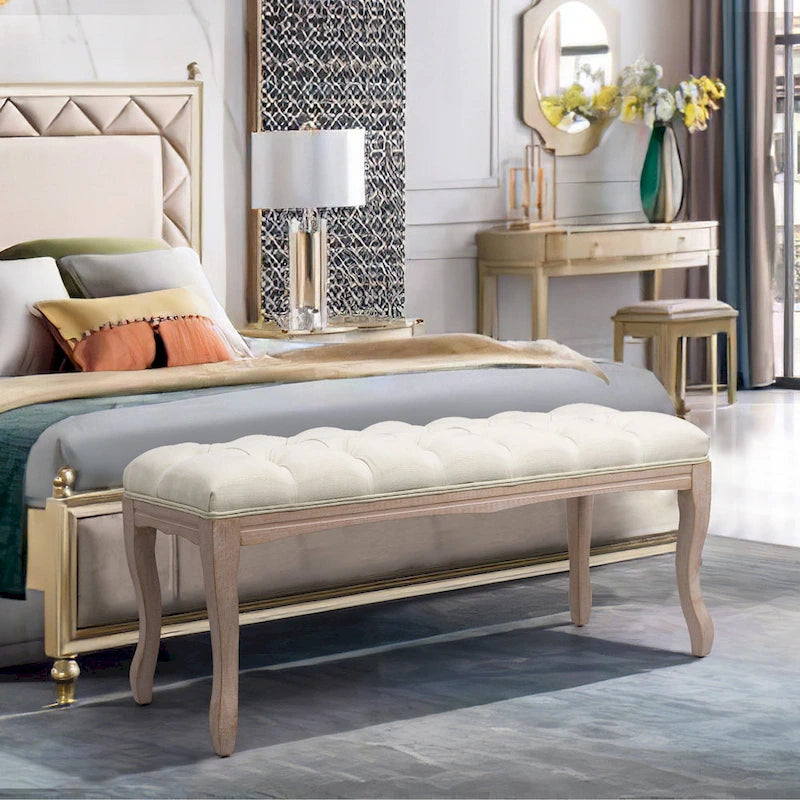Wooden Tufted Upholstered Bed Bench Rectangular Ottoman