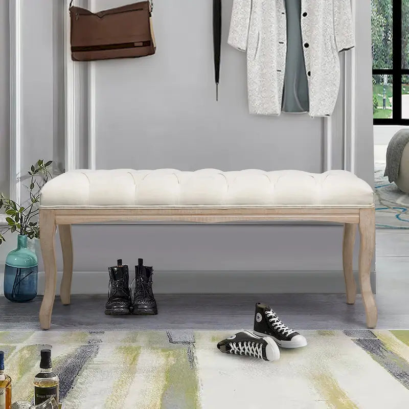 Wooden Tufted Upholstered Bed Bench Rectangular Ottoman