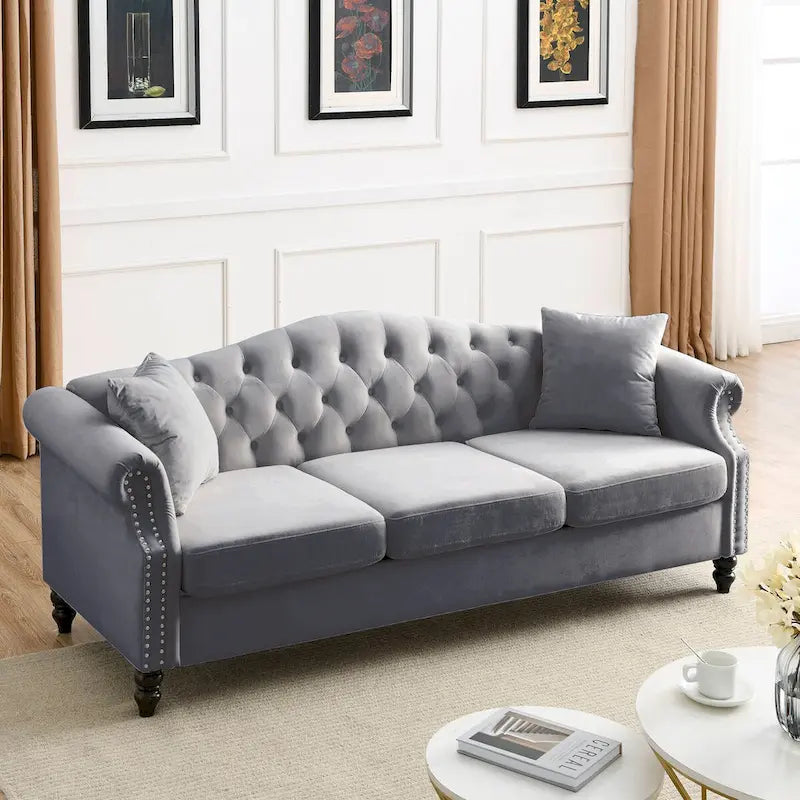 79 Chesterfield Sofa Velvet for Living Room, 3 Seater Sofa Tufted Couch with Rolled Arms and Nailhead ,two pillows