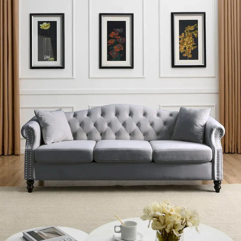79 Chesterfield Sofa Velvet for Living Room, 3 Seater Sofa Tufted Couch with Rolled Arms and Nailhead ,two pillows