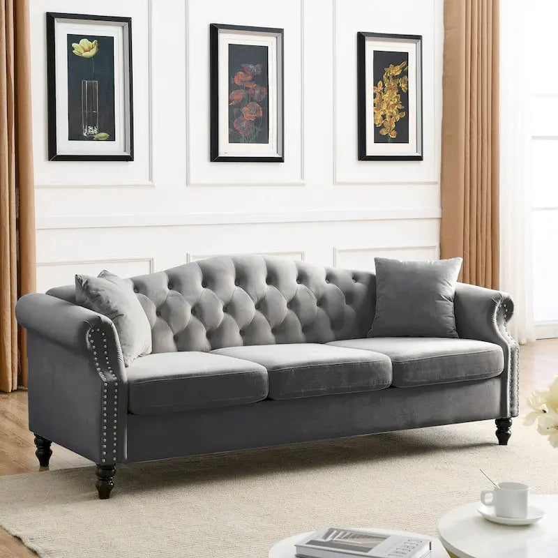 79 Chesterfield Sofa Velvet for Living Room, 3 Seater Sofa Tufted Couch with Rolled Arms and Nailhead ,two pillows