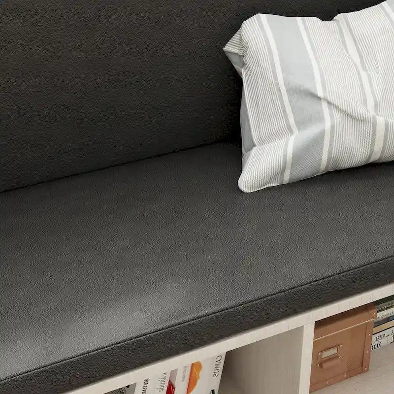 White Entryway Shoe Storage Bench with Black Cushion and Drawers