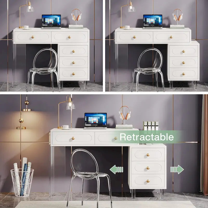 White 5-Drawer Computer Writing Desk with Acrylic Base for Home Office