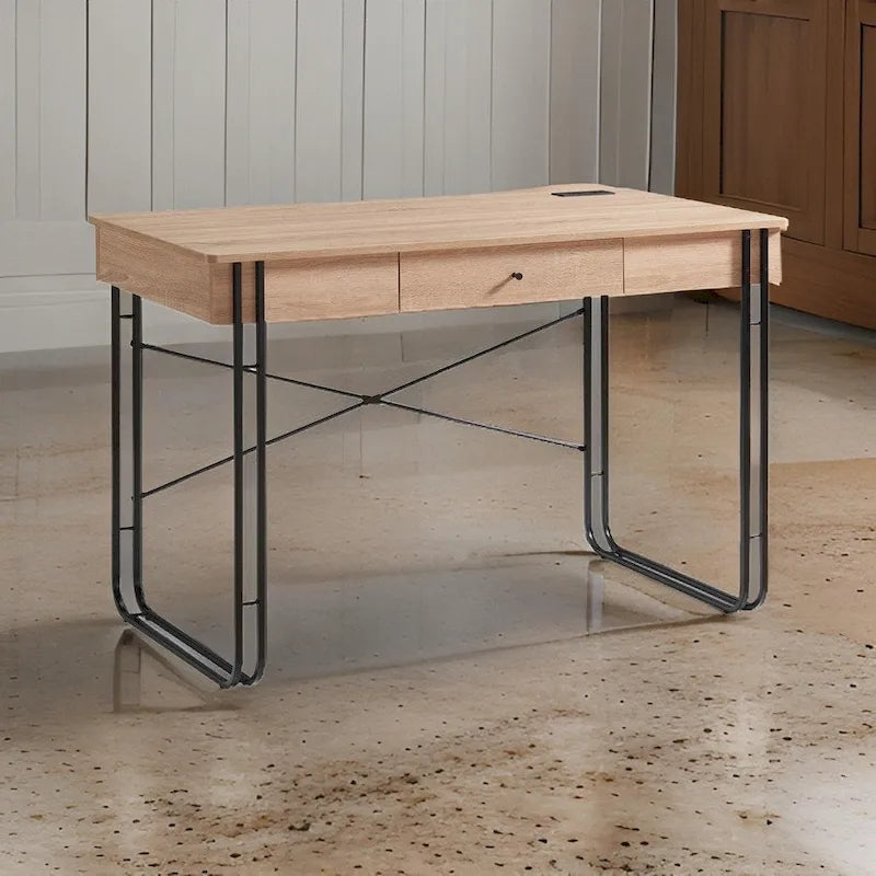 Bery 47 Inch Home Office Desk, 1 Drawer with Knob, USB Port, Brown, Black