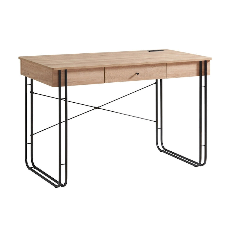 Bery 47 Inch Home Office Desk, 1 Drawer with Knob, USB Port, Brown, Black