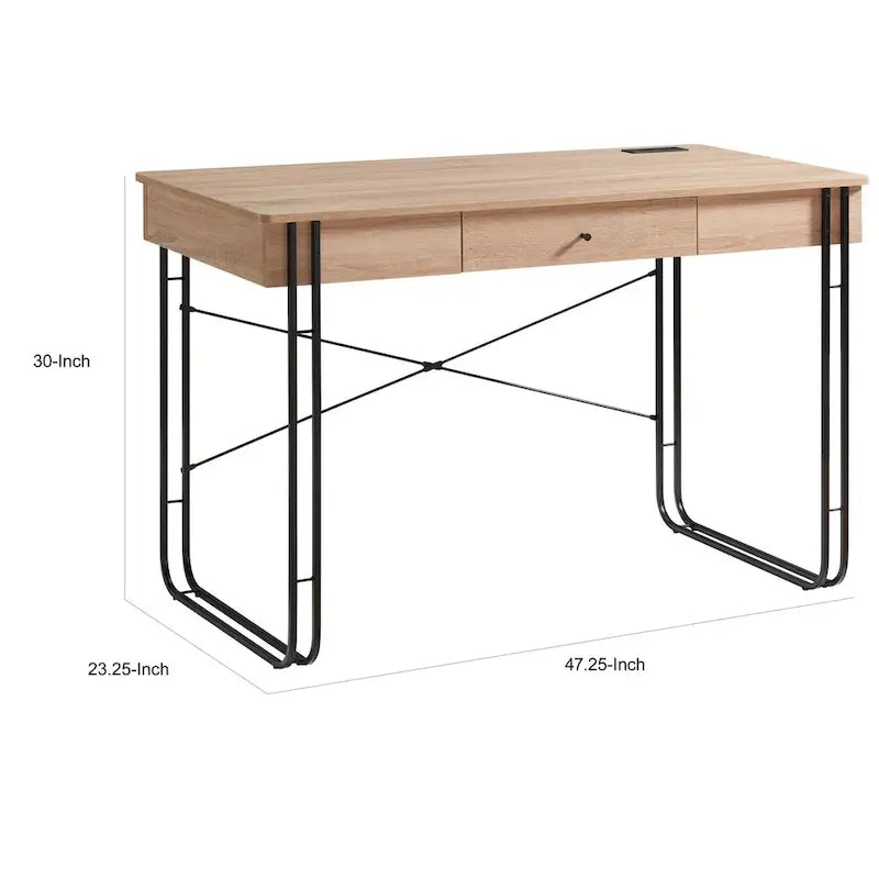 Bery 47 Inch Home Office Desk, 1 Drawer with Knob, USB Port, Brown, Black