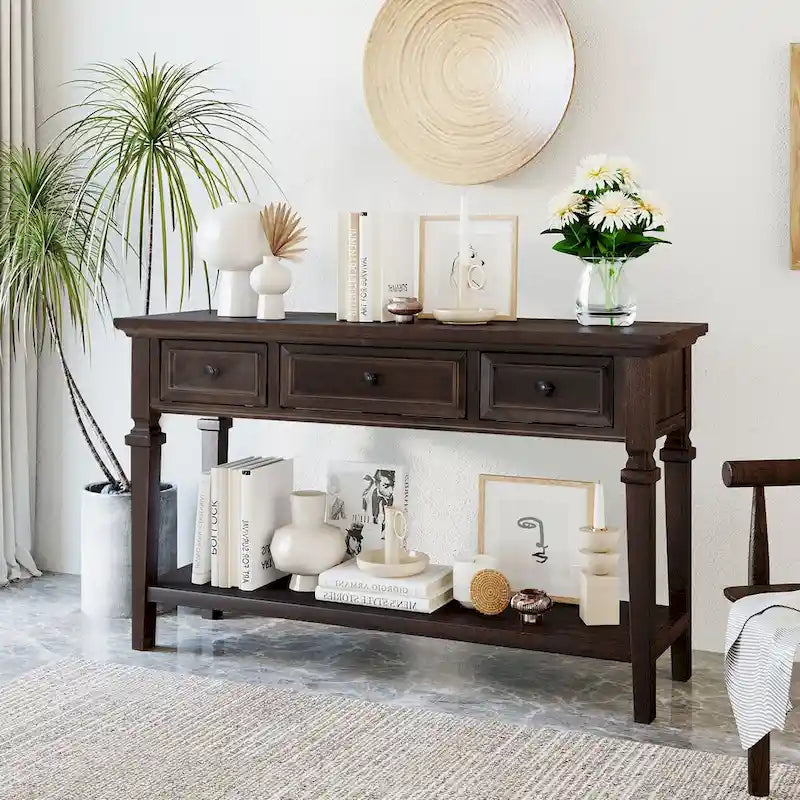 Retro Console Table with 3 Drawers and Bottom Shelf