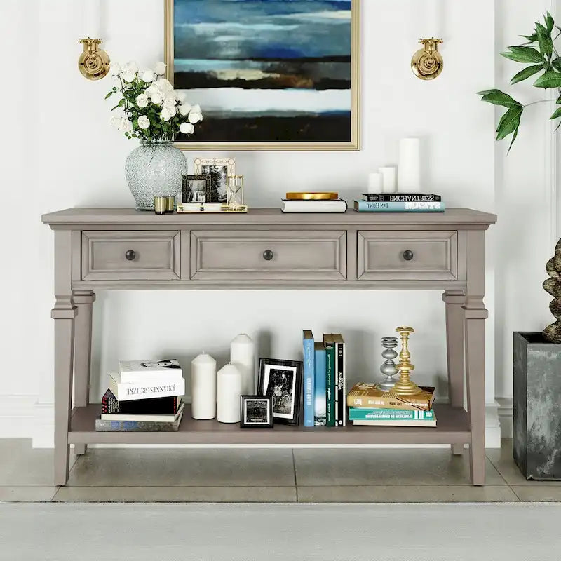 Retro Console Table with 3 Drawers and Bottom Shelf