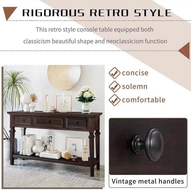 Retro Console Table with 3 Drawers and Bottom Shelf