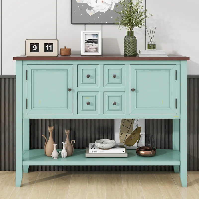 Ample Storage Vintage Console Table with Four Small Drawers and Bottom Shelf for Living Rooms, Entrances and Kitchens