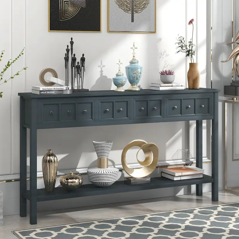 Rustic Entryway Console Table, 60 Long Sofa Table with two Different Size Drawers and Bottom Shelf for Storage