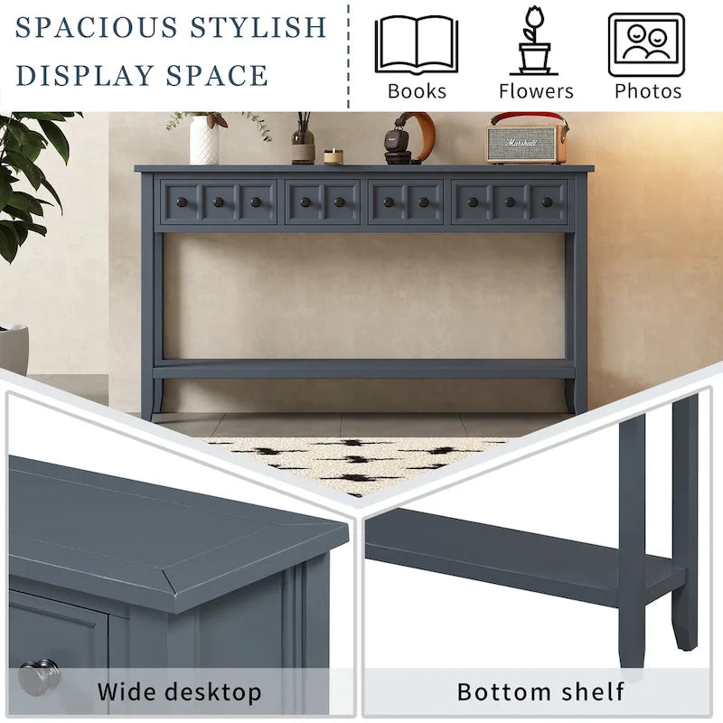 Rustic Entryway Console Table, 60 Long Sofa Table with two Different Size Drawers and Bottom Shelf for Storage