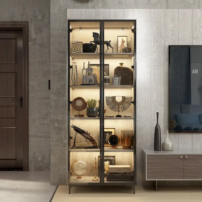 Display Storage Cabinet Showcase with Glass Doors and LED Light