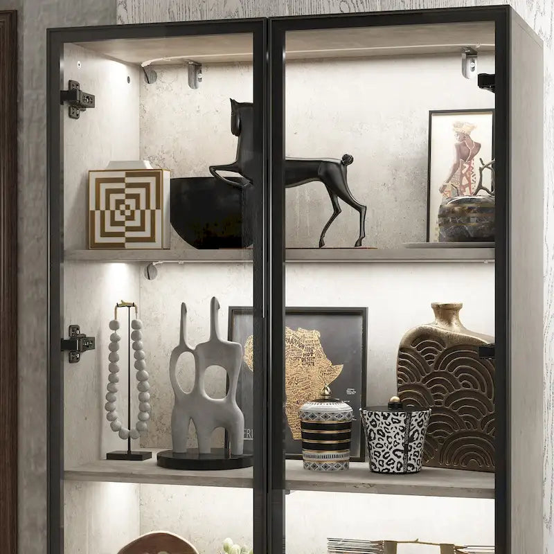 Display Storage Cabinet Showcase with Glass Doors and LED Light