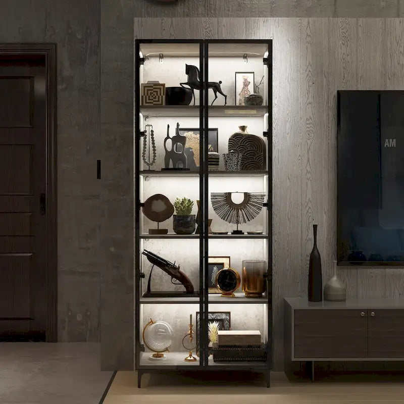 Display Storage Cabinet Showcase with Glass Doors and LED Light