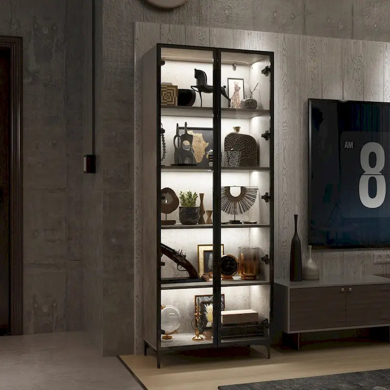 Display Storage Cabinet Showcase with Glass Doors and LED Light