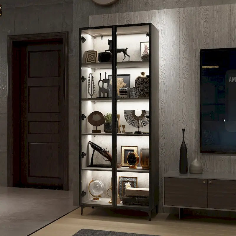Display Storage Cabinet Showcase with Glass Doors and LED Light