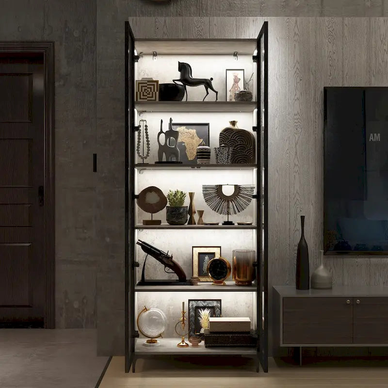 Display Storage Cabinet Showcase with Glass Doors and LED Light