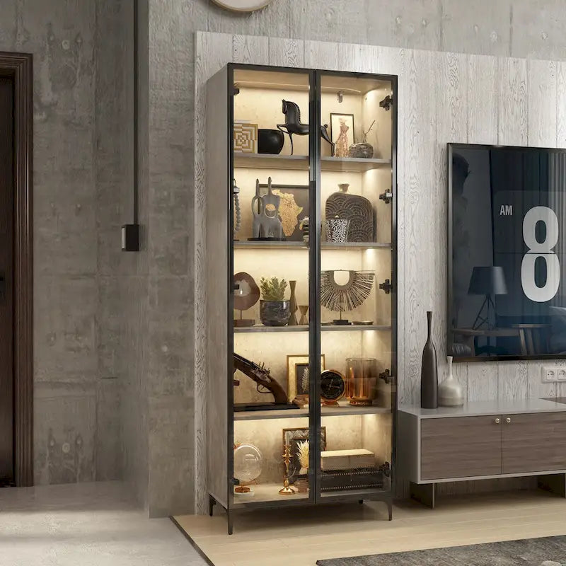 Display Storage Cabinet Showcase with Glass Doors and LED Light